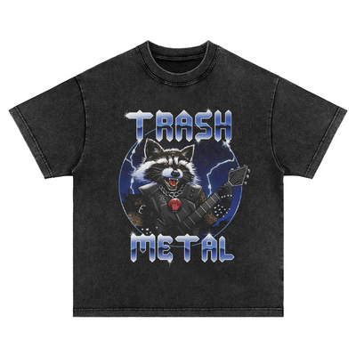 趣味激流金属trash metal重磅水洗做旧纯棉宽松长短袖t恤男女卫衣
