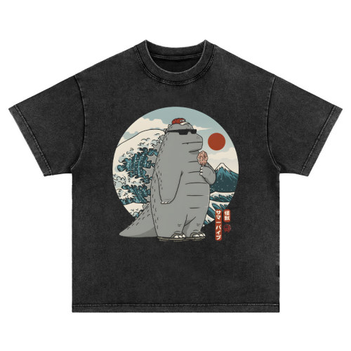 日系怪兽吃雪糕 趣味复古vintage水洗做旧纯棉宽松长短袖t恤卫衣