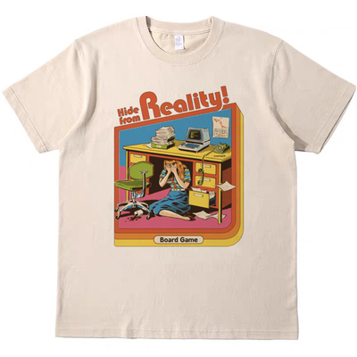 美式趣味插画躲避现实 复古vintage短袖宽松男女T恤纯棉tee shirt