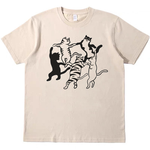 跳舞的猫猫 复古趣味美式vintage短袖bf男女情侣T恤纯棉teeshirt
