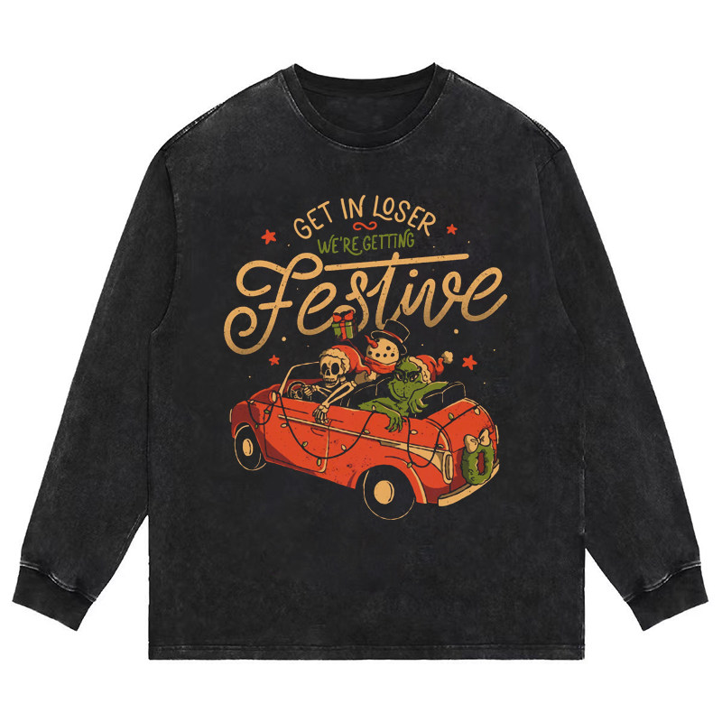 骷髅过圣诞节 水洗做旧vintage重磅纯棉宽松长短袖男女T恤卫衣tee