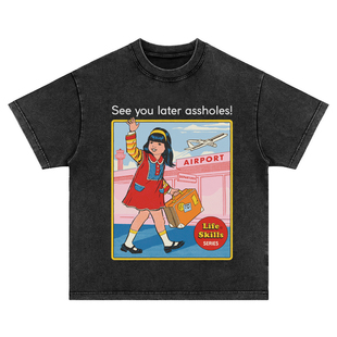 T恤上衣tee 复古插画直喷印花vintage水洗做旧长短袖 再见混蛋 美式