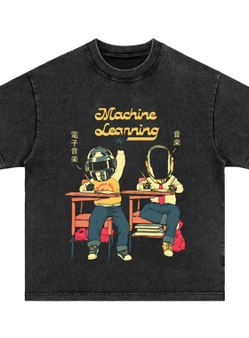 蠢朋克daft punk美式复古水洗做旧重磅纯棉宽松圆领长短袖T恤男女