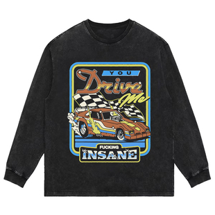 drive me insane趣味插画水洗做旧重磅纯棉宽松圆领长短袖T恤卫衣
