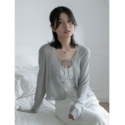v领薄款绑带长袖针织开衫女2025春夏小个子修身短款休闲外套上衣