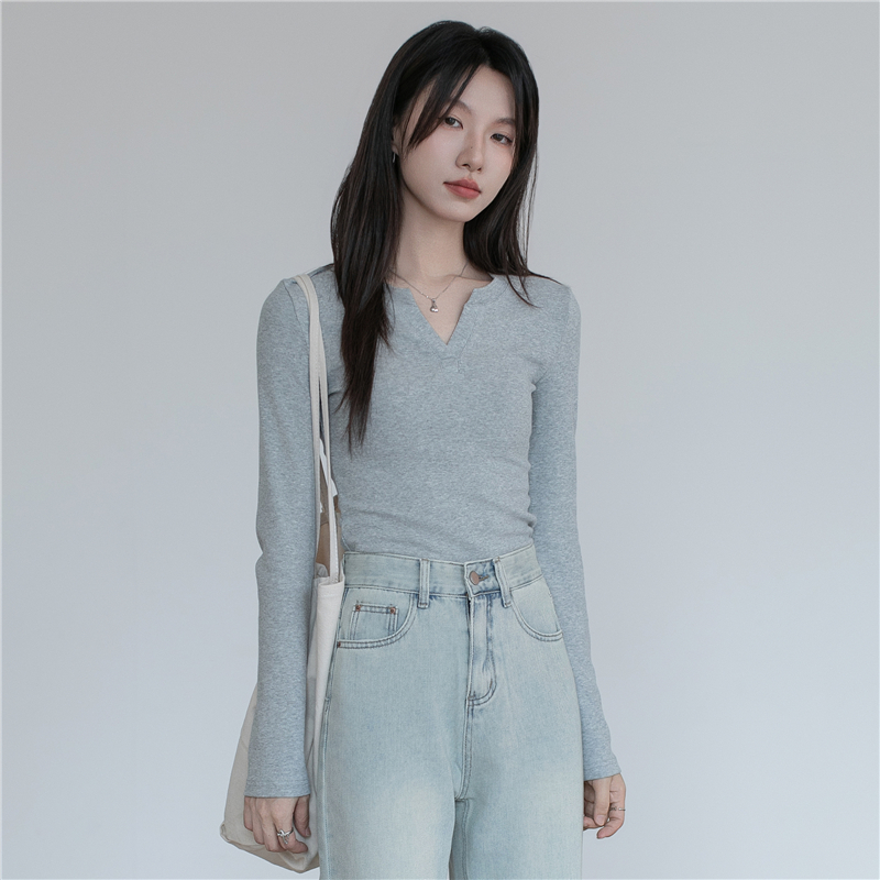 美式复古V领长袖T恤女2025春季新款小个子修身纯色内搭上衣打底衫