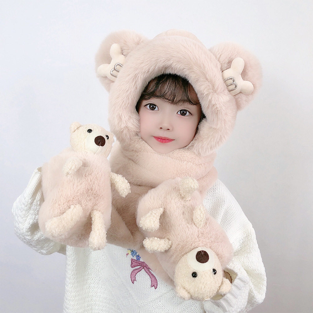 秋冬季儿童帽子围巾手套女童一体加绒保暖加厚护耳宝宝防风三件套