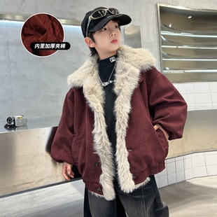 男童夹棉外套秋冬2025新款 儿童仿皮草兔毛夹克男孩皮衣机车服加厚