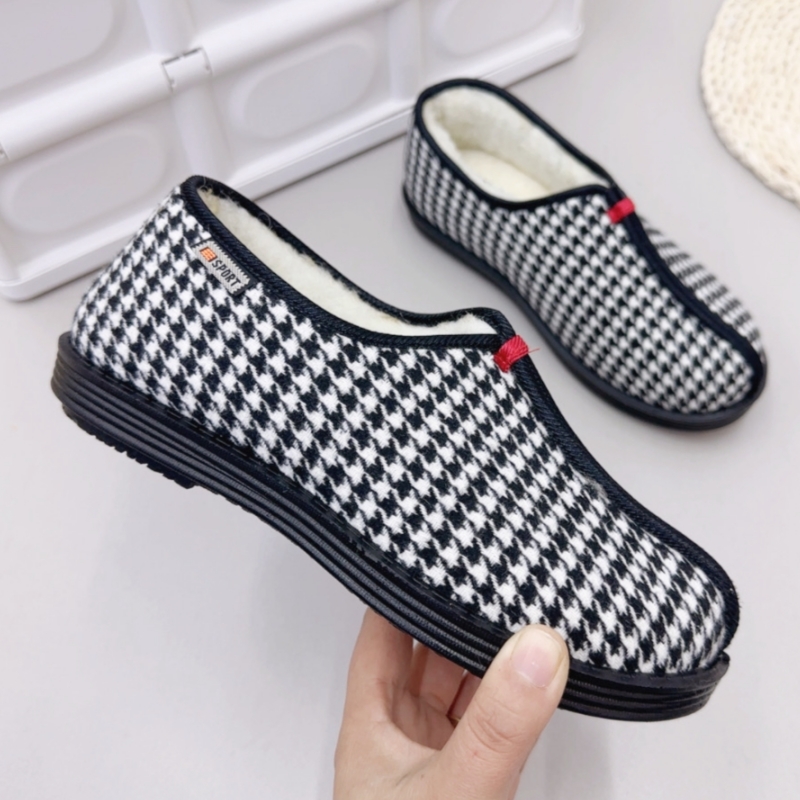 千鸟格棉鞋女冬季加绒保暖复古风软底布鞋舒适百搭中老年奶奶鞋