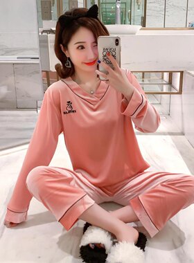 金丝绒睡衣女春秋长袖加肥加大码胖MM200斤冬天家居服套装可外穿