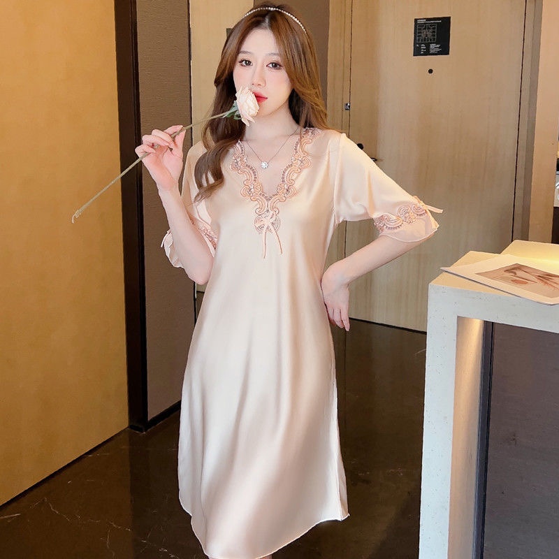 春秋睡衣女夏季丝绸薄款冰丝短袖韩版蕾丝性感真丝大码睡裙家居服