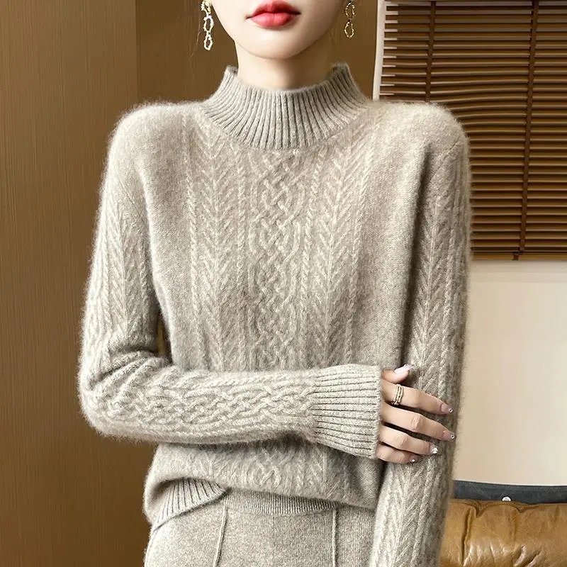 鄂尔多斯市2025新款羊绒半高领麻花针织毛衣女秋冬宽松显瘦打底衫