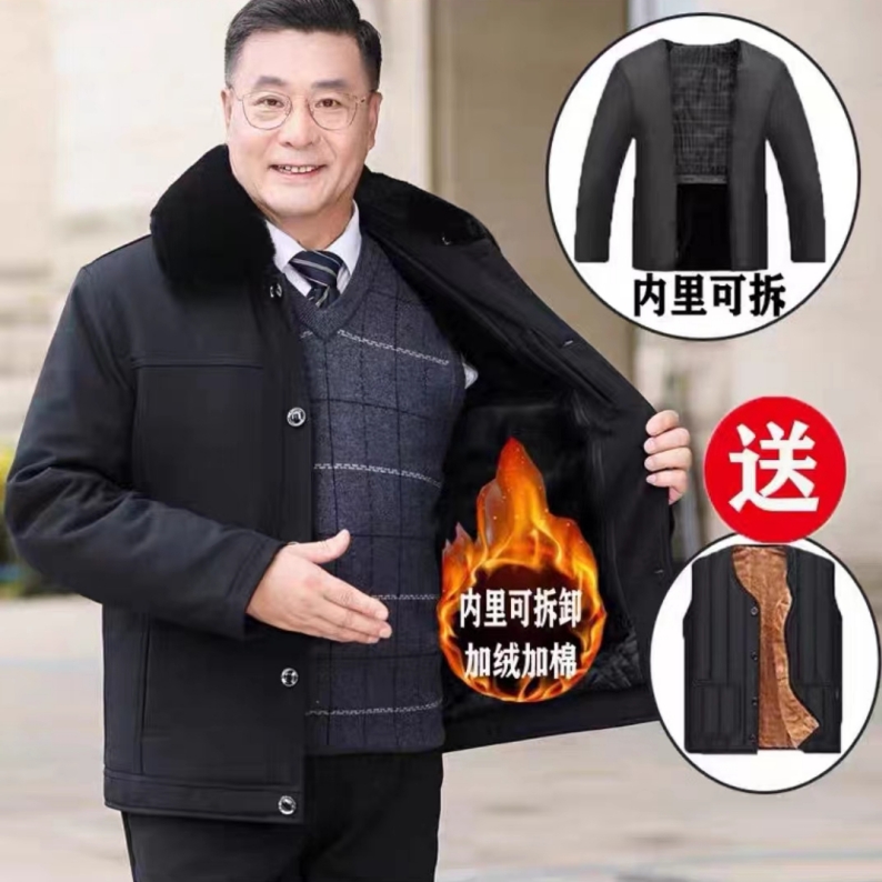 冬季加绒加厚棉衣中老年男爸爸装羽绒棉服棉袄爷爷老人外套可拆卸