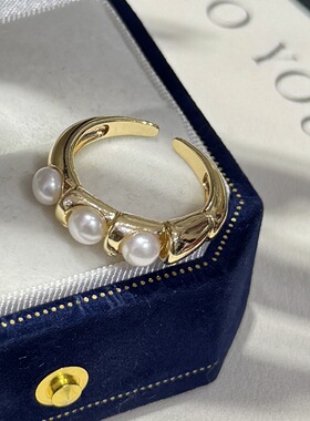 三珠蛇骨戒指天然高品质淡水淡水珍珠镶嵌14k注金金银两色轻奢