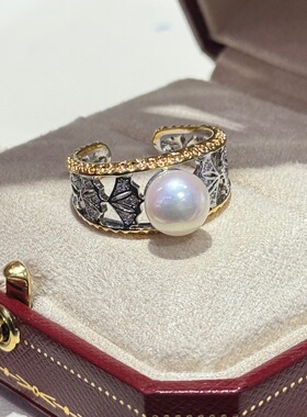 新品双色银杏叶戒指质感14k注金8-9mm天然淡水珍珠大气上手可调节