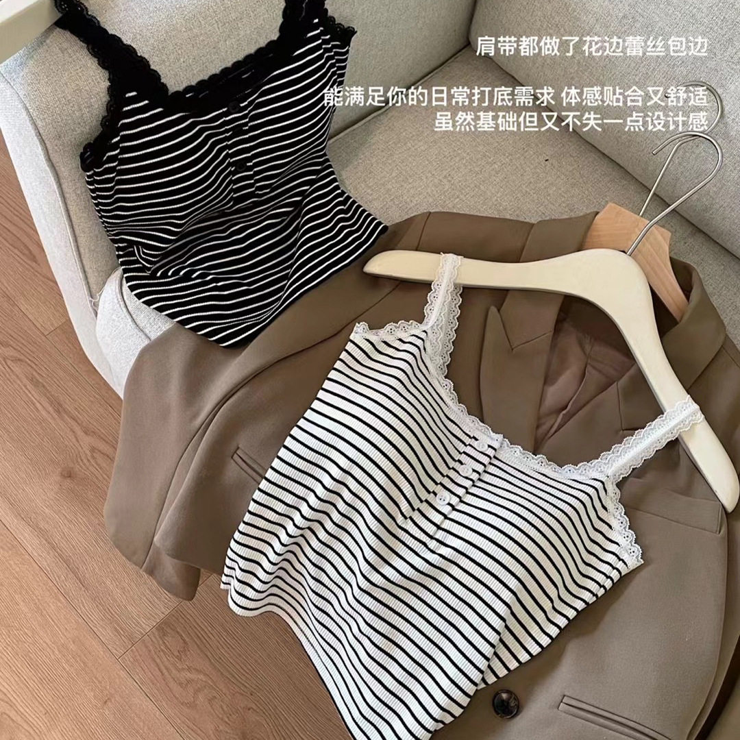 6873时尚条纹纽扣方领吊带一体乳胶胸垫蕾丝花边高弹修身内搭外穿