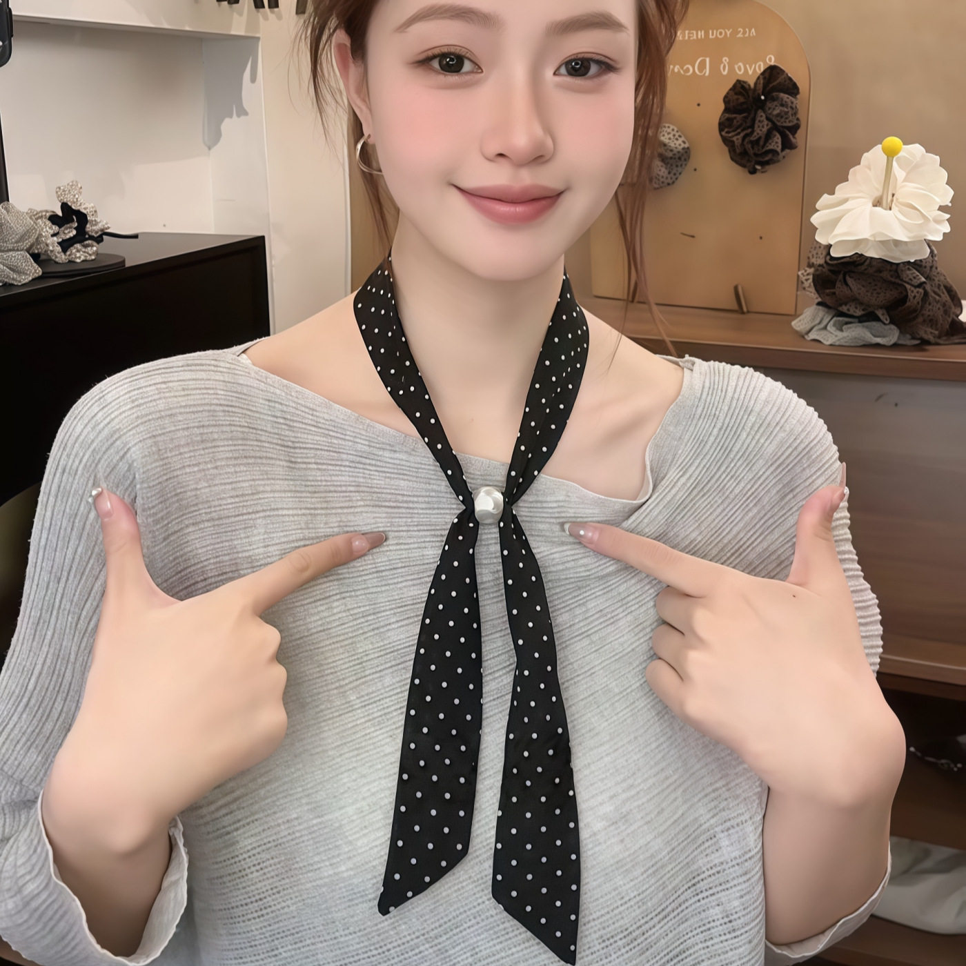 复古长条细窄串珠小丝巾女