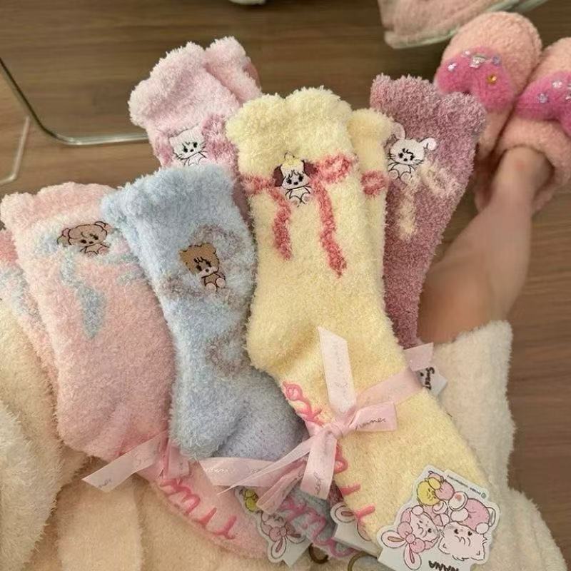 秋冬加厚蝴蝶结刺绣毛绒袜
