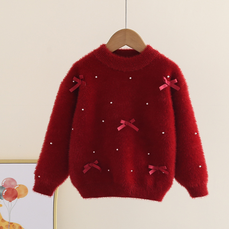 女童毛衣冬季加厚2025新款水貂绒儿童针织衫中大童加绒打底衫上衣