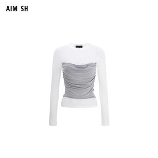 上衣拼色打底衫 假两件混纺T恤长袖 SH女士 AIM