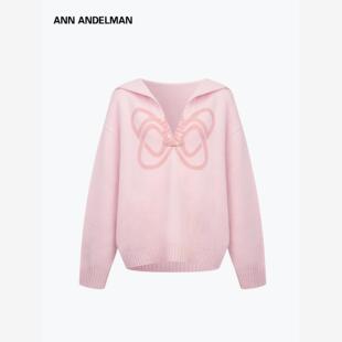 设计师ANN ANDELMAN2025秋款粉色针织上衣印花拼接蕾丝边毛衣女