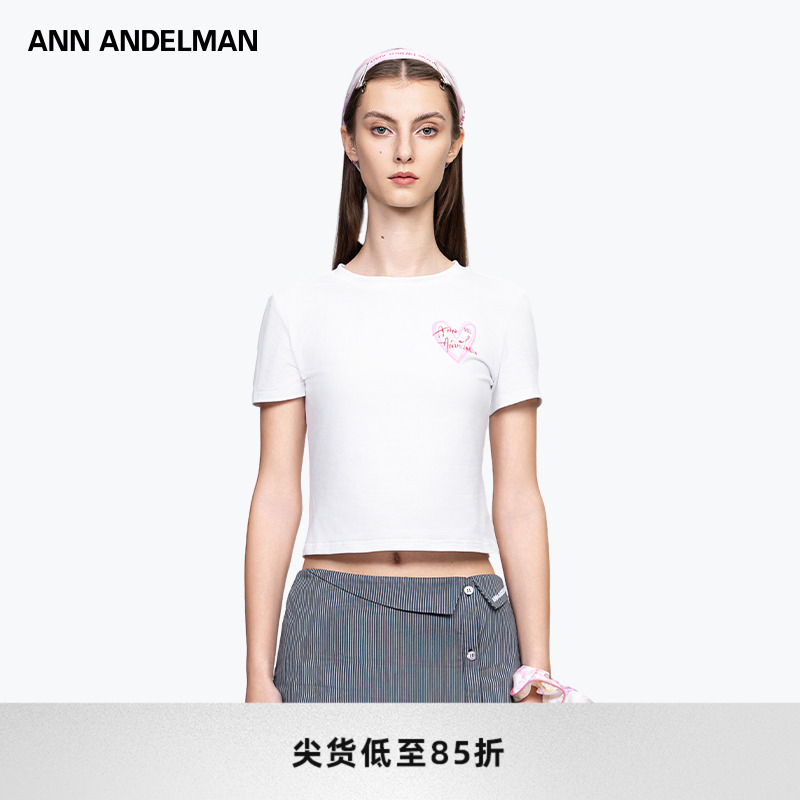 设计师ANN ANDELMAN胶囊系列涂鸦爱心短袖t恤女夏季掐腰上衣修身
