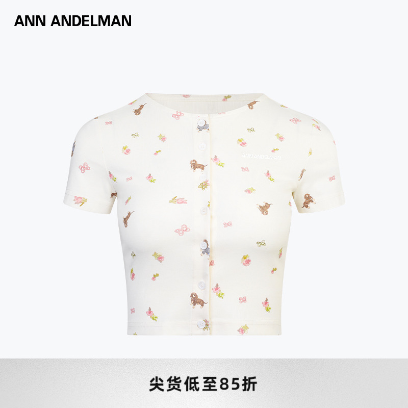 小狗满印开衫女薄款针织短袖T恤
