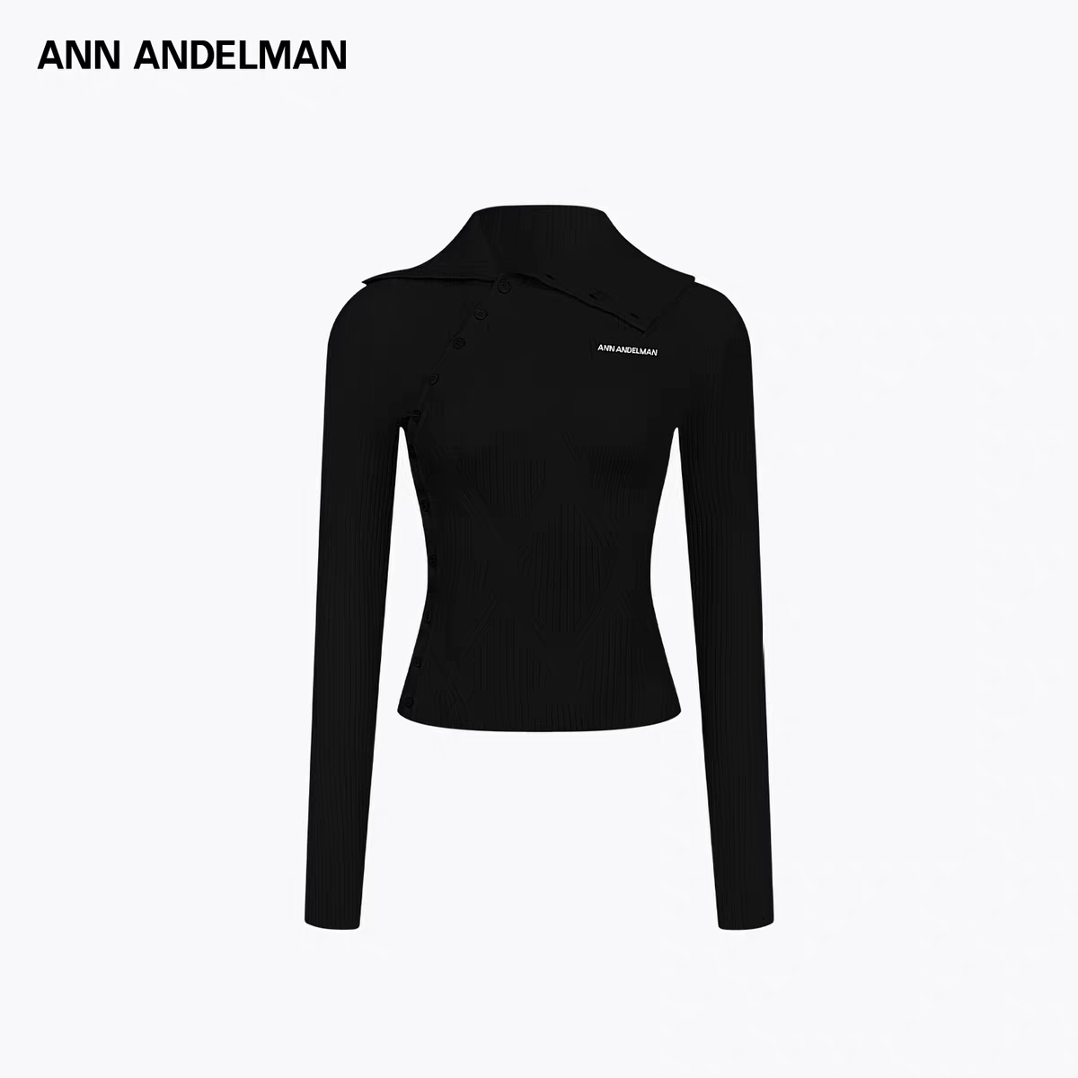 ANN ANDELMAN26早春新款斜门襟针织衫高端小资小上衣黑色修身毛衣