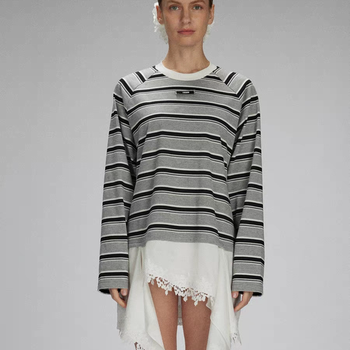 【LACERTA/莱瑟塔 】2025秋新品撞色条纹圆领蕾丝下摆长袖连衣裙