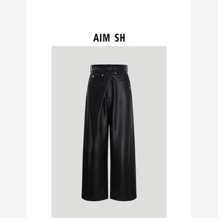 新品 直筒裤 AIM 黑色斜扣扭腰阔腿皮裤 长裤 SH女士