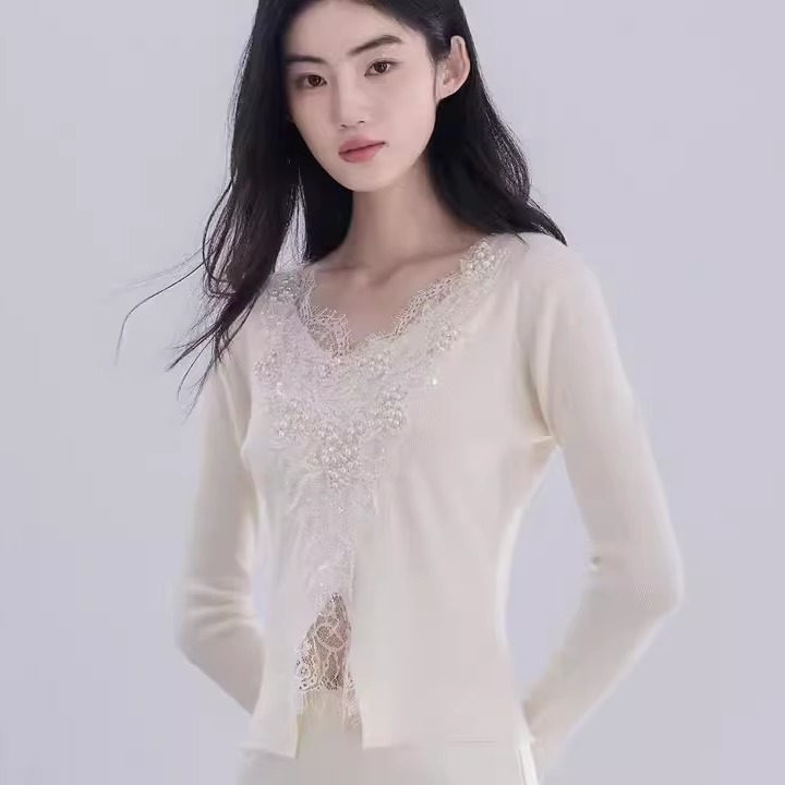 LJOS | 2.0中古花卉钉珠修身针织衫2025冬杏色刺绣毛衣优雅显瘦