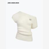 设计师ANN 氛围感 羊毛短袖 ANDELMAN毛感珠地斜肩上衣针织衫 女秋季