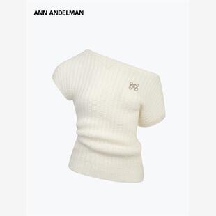 设计师ANN ANDELMAN毛感珠地斜肩上衣针织衫女秋季羊毛短袖氛围感
