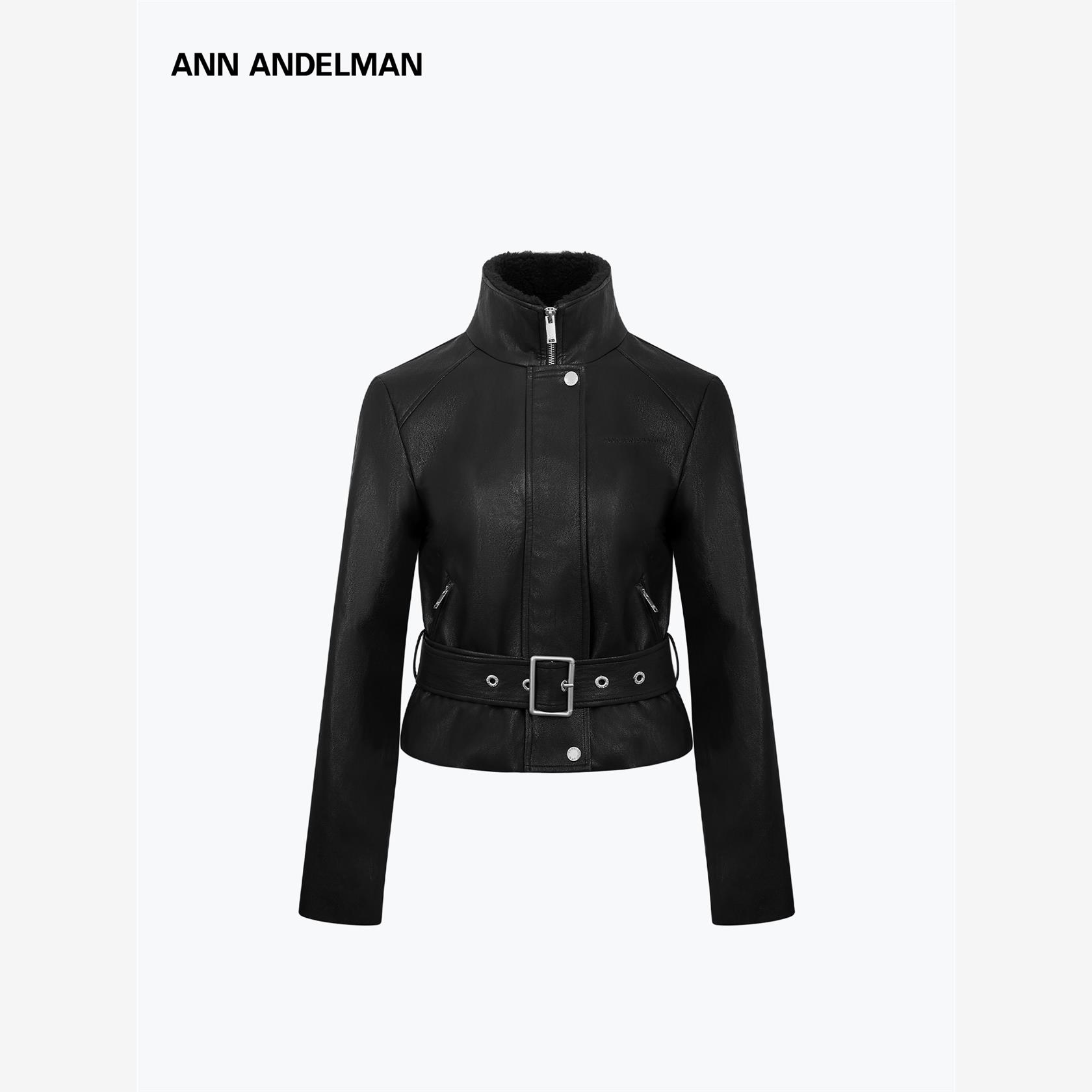 设计师ANN ANDELMAN短款皮衣女秋冬系带收腰毛领加绒加厚保暖夹克