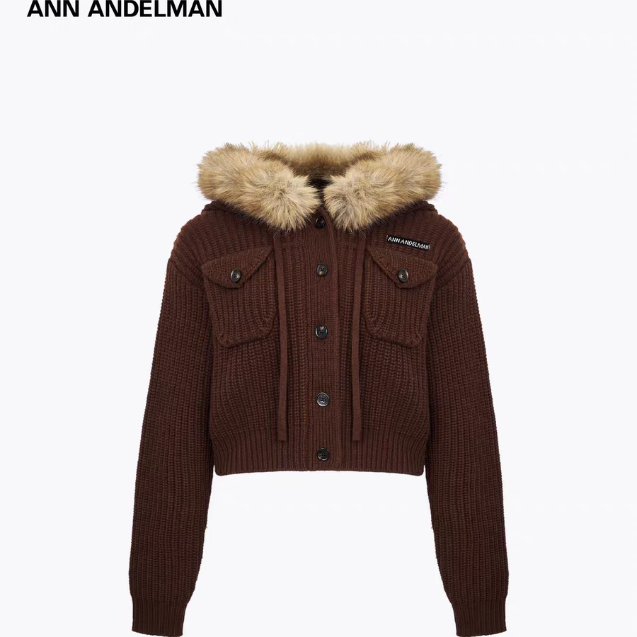 ANN ANDELMAN慵懒风毛领外套连帽针织开衫棕色复古百搭宽松毛衣