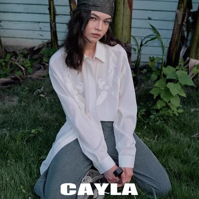 CAYLA莱赛尔中式重工植物花卉手工钉珠翻领竹纤维长袖衬衫