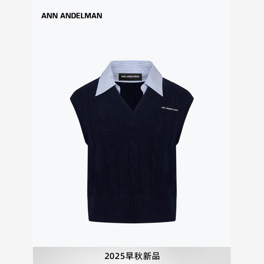 设计师ANN ANDELMAN无袖毛衣秋冬学院风扭花宽松拼接领针织背心