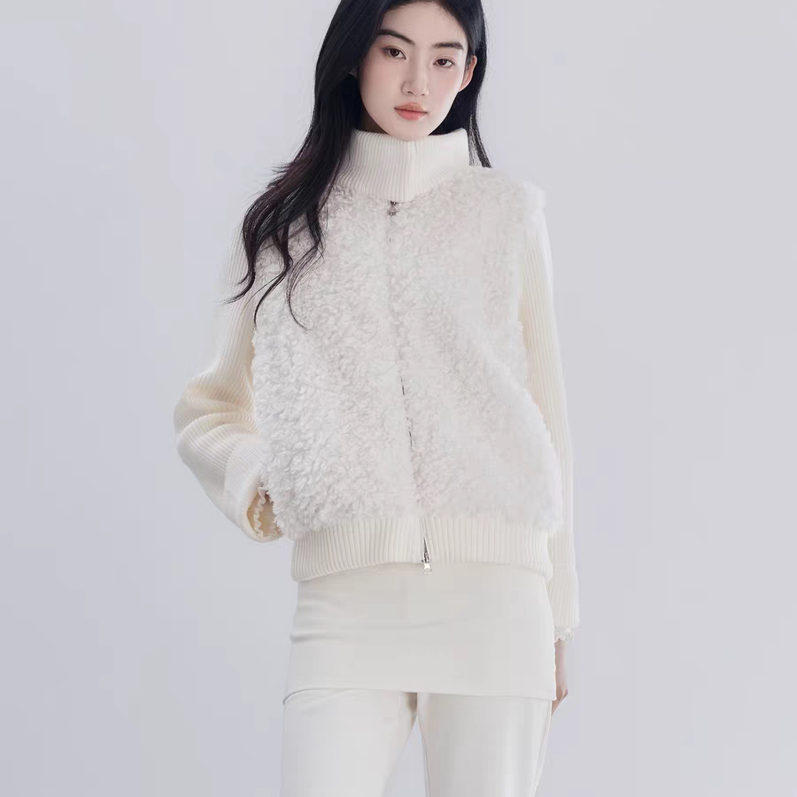 LJOS | 仿羊羔毛针织拼接羽绒服椰椰奶白色乌木玫瑰粉2025冬外套