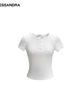 设计师LE ALESSANDRA 真丝混纺亨利插肩弹力袖标短袖T恤
