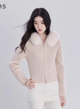 LJOS | 肉桂乌龙羊毛大狐狸毛领针织外套2025冬杏色温柔短外套