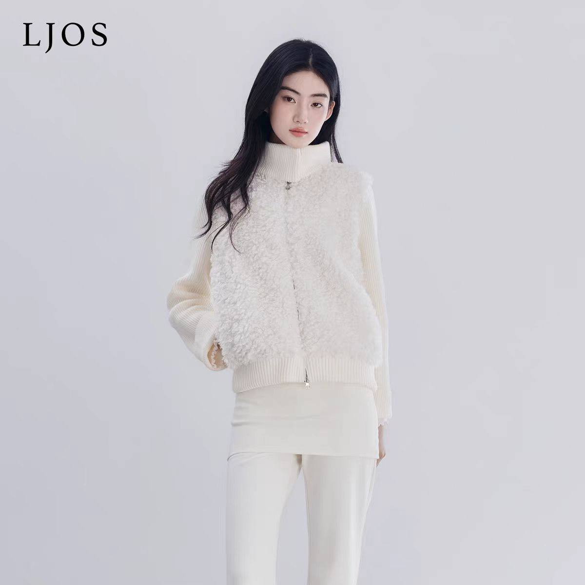 LJOS | 仿羊羔毛针织拼接羽绒服椰椰奶白色乌木玫瑰粉2025冬外套