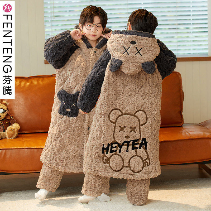 儿童夹棉睡袍套装男童秋冬季套装