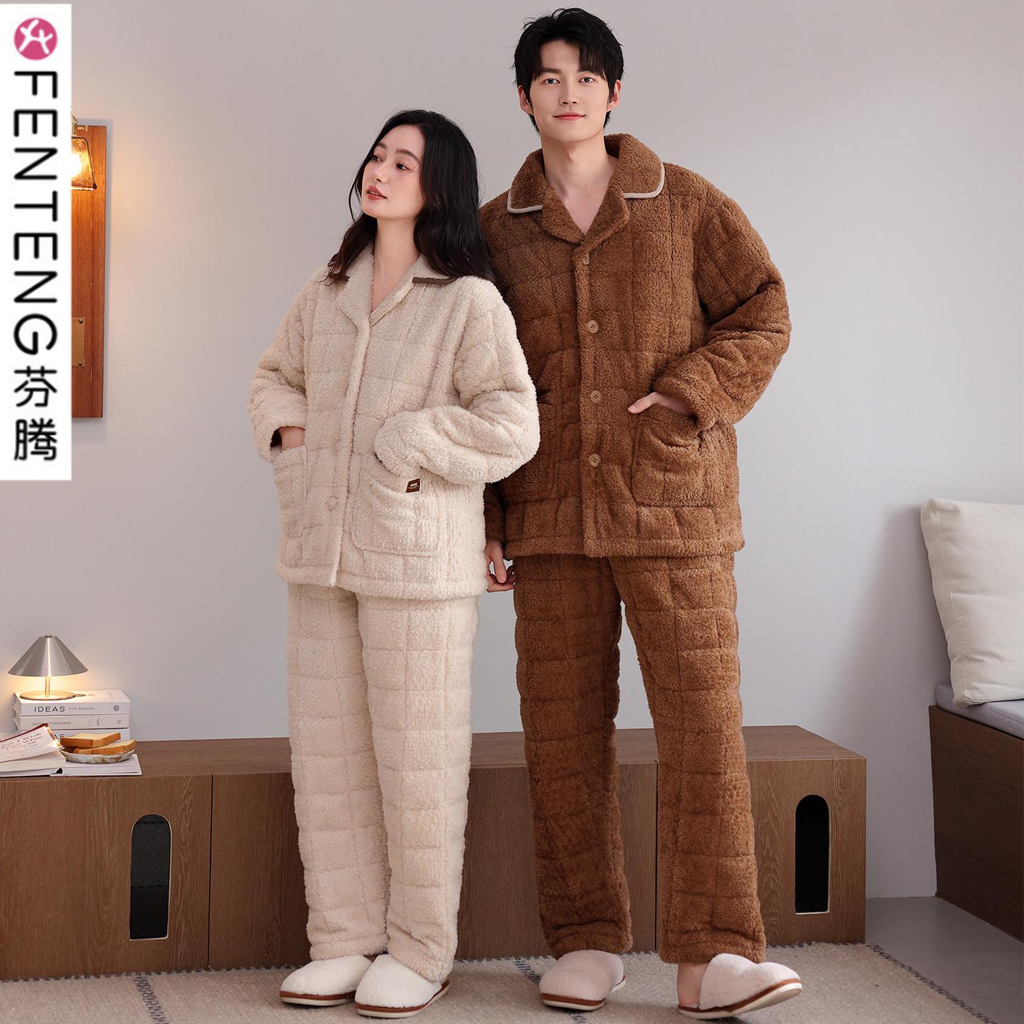 冬季情侣睡衣加绒加厚家居服套装