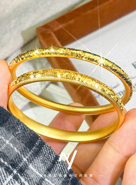 新款轻奢镀24K金爆闪蹦迪碎冰手镯 沙金碎冰冰传承cnc素圈手环女