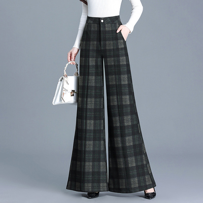 格子高腰阔腿裤喇叭裤休闲长裤子