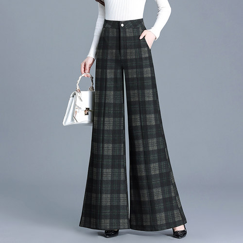 格子高腰阔腿裤喇叭裤休闲长裤子