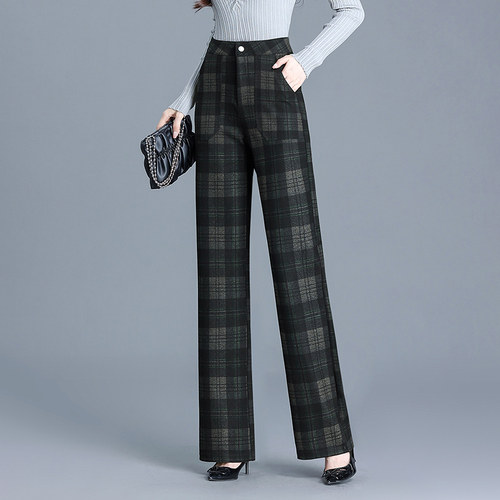 毛呢窄版阔腿裤女秋冬季格子长裤