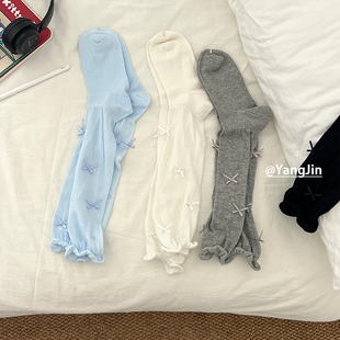 薄款 春夏季 蕾丝蝴蝶结小腿袜卷边可爱ins韩风纯色少女风堆堆袜