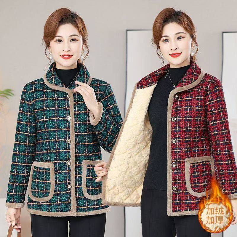 时尚花色加绒加厚棉衣冬季新款H中老年妈妈装气质减龄保暖外套女