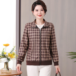 妈妈宽松春秋短款2025新款中老年女秋装时尚格子薄款外套夹克上衣
